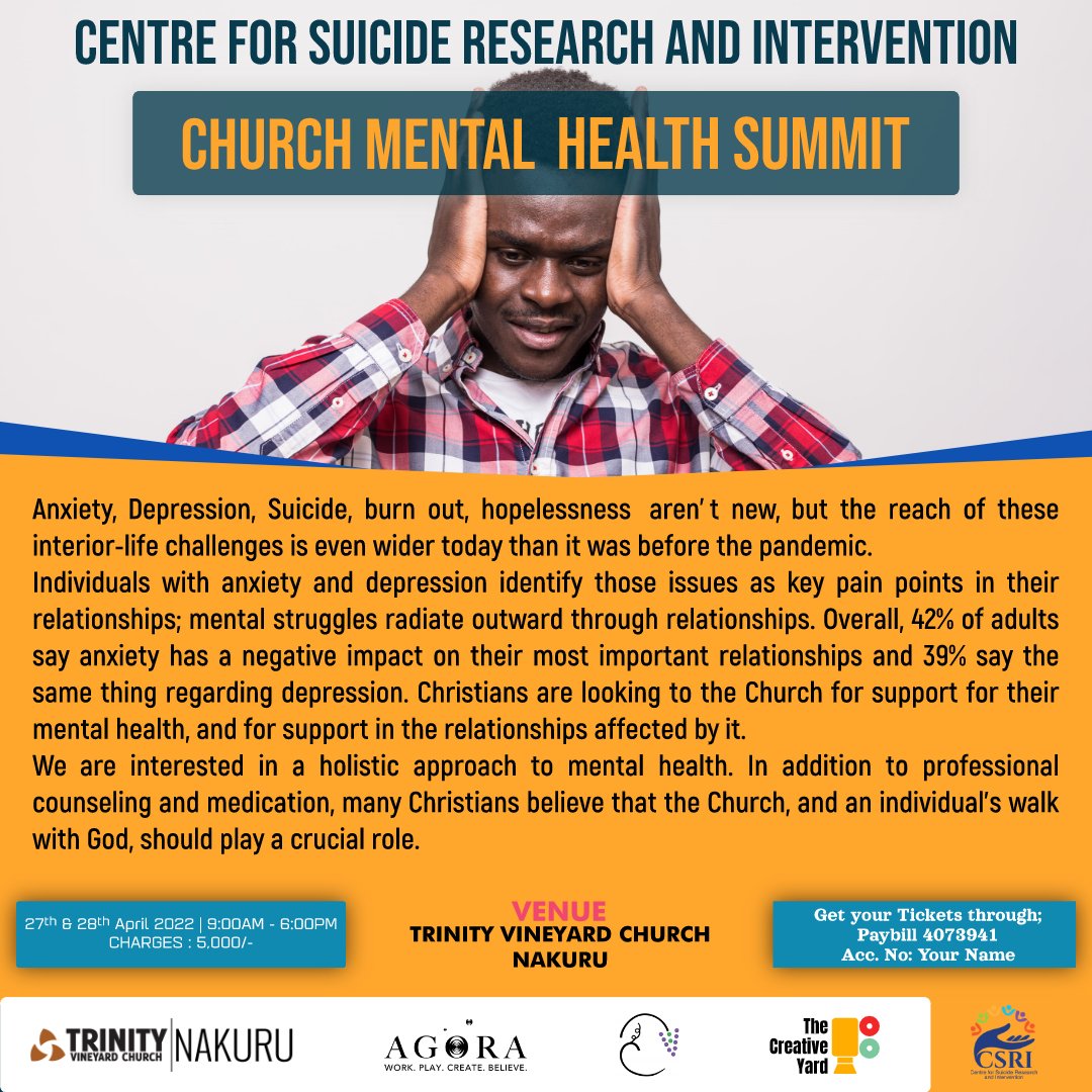 csricentre's tweet photo. As a believer with anxiety, depression or suicidal ideation s;who do you go to for help?

Is there a holistic approach for mental health in the church?

Join us to explore this and much more on April 27 &amp;28th in Nakuru. 
#mentalhealth 
#suicideprevention 
#ThrowbackThursday https://t.co/5rEQhkIEgs
