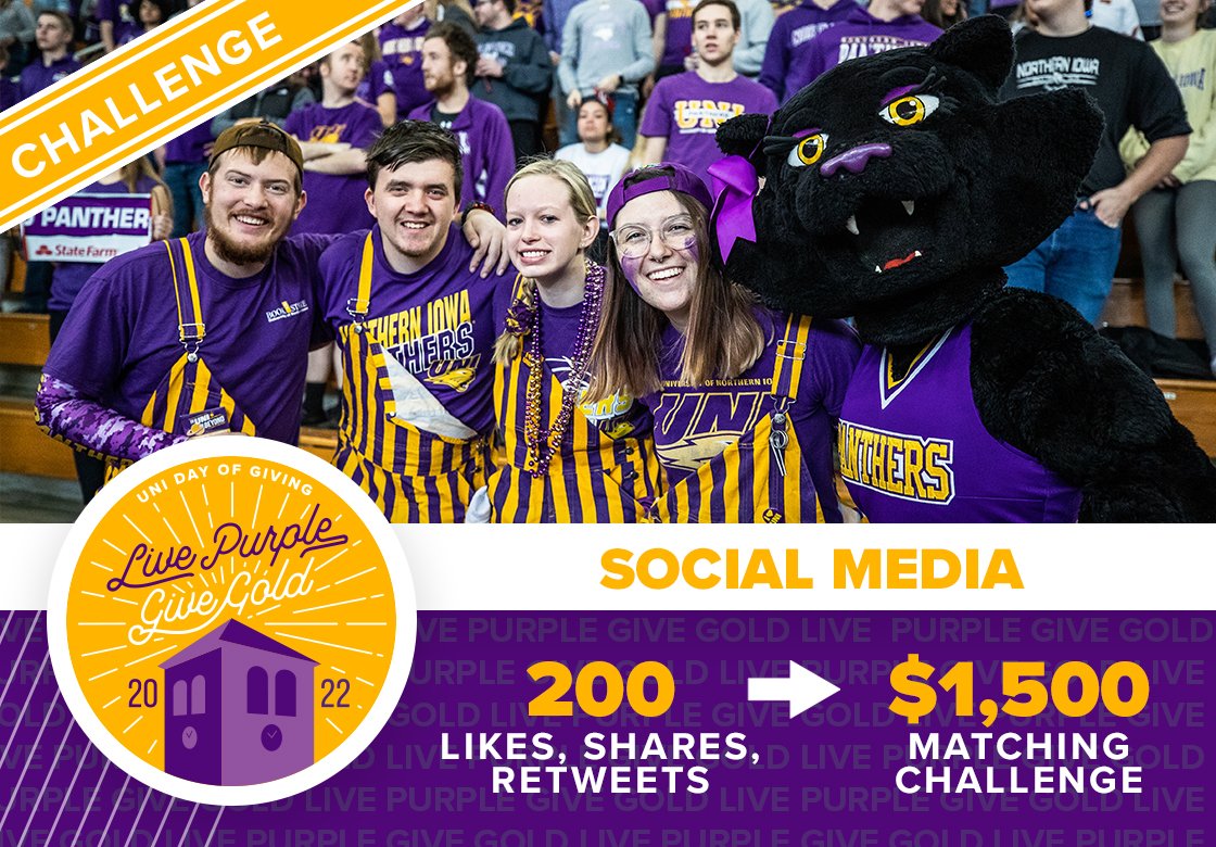 GiveToUNI's tweet photo. When we reach 200 likes and retweets on this graphic today, an anonymous Panther will give $1,500 to UNI! That's $7.50 for each like/RT. Retweet now, then head over to https://t.co/tFz531PcA9 and make your gift.
#LivePurpleGiveGold https://t.co/IDqZWCxW12