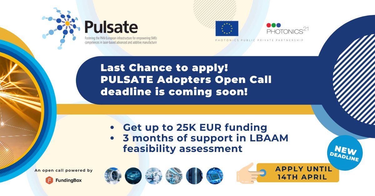 I4MS_Europe's tweet photo. 📢 @pulsateeu Adopters Open Call: EXTENDED!
👉 Apply before April 14th at 17:00 CEST and get selected to the program: https://t.co/5Q0WcJ6pOl
#LBAAM #photonics #photonicsEU #additivemanufacturing #advancedmanufacturing https://t.co/LpWXDdCOHh
