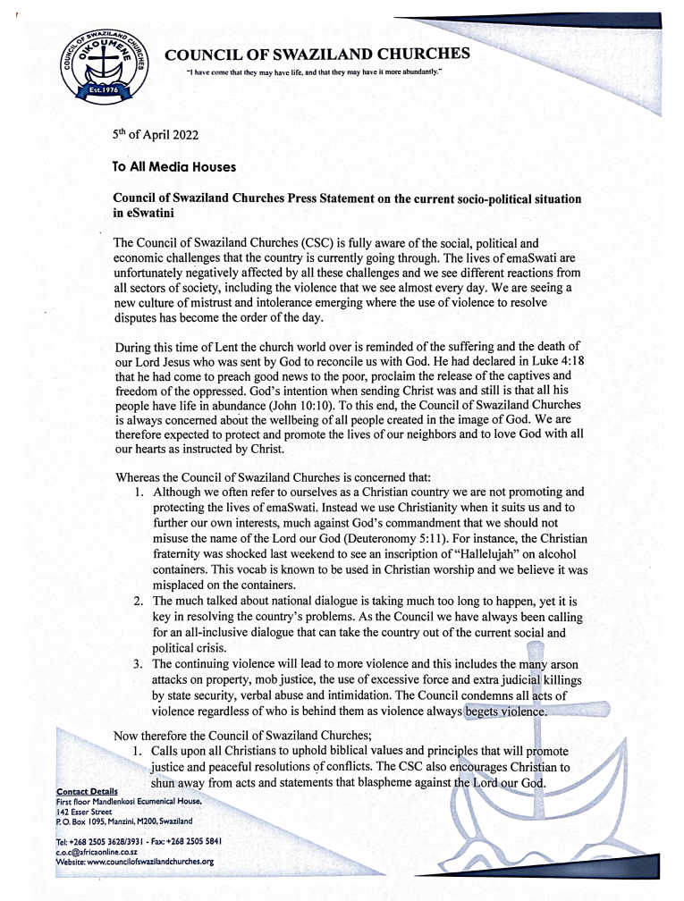 bpbhubesi's tweet photo. Council of #Swaziland Churches Statement

#eSwatini https://t.co/XcsoT6xyBr