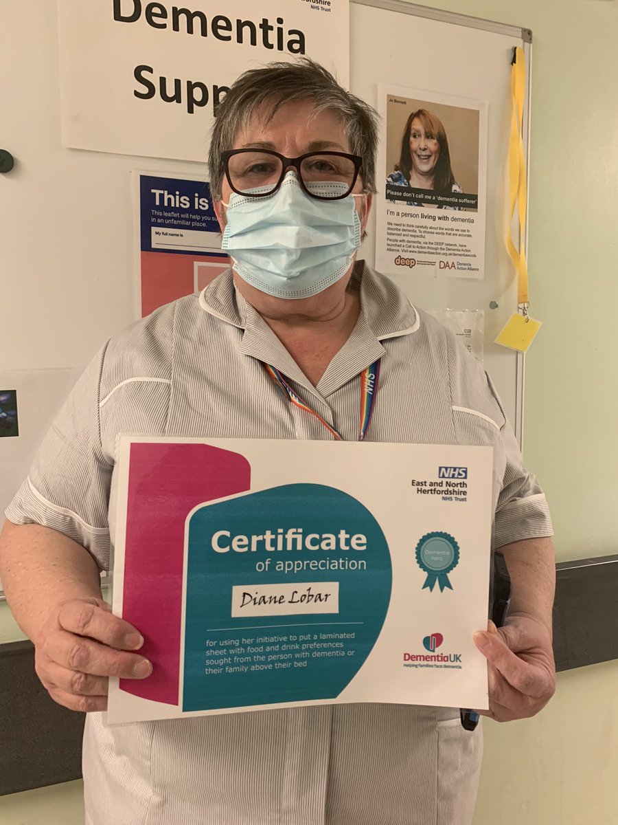 ruthbradford15's tweet photo. Congratulations to Diane for receiving the first of the dementia best practice awards. Diane introduced laminated sheets sharing the food and drink preferences of the person with dementia on the wall behind their bed , tea and 1 sugar please☕️@enherts @DementiaUK @kmljjj https://t.co/PdDyFPSIBJ