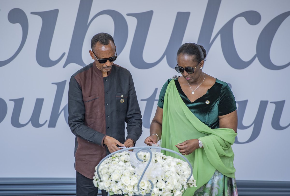 UrugwiroVillage's tweet photo. President Kagame and First Lady Jeannette Kagame joined Rwandans &amp; friends of Rwanda @Kigali_Memorial for the #Kwibuka28 Commemoration Ceremony, where they laid a wreath and lit the Flame of Remembrance in honour of over one million victims of the 1994 Genocide against the Tutsi. https://t.co/JGVzIgJso9