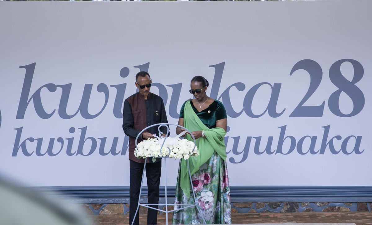 UrugwiroVillage's tweet photo. President Kagame and First Lady Jeannette Kagame joined Rwandans &amp; friends of Rwanda @Kigali_Memorial for the #Kwibuka28 Commemoration Ceremony, where they laid a wreath and lit the Flame of Remembrance in honour of over one million victims of the 1994 Genocide against the Tutsi. https://t.co/JGVzIgJso9