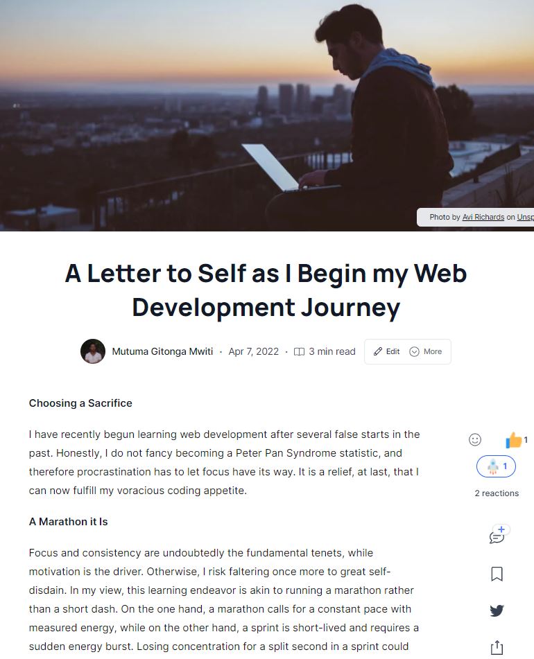 mgitonga_'s tweet photo. A Letter to Self as I Begin my Web Development Journey
{ by @_mutumagitonga } from @hashnode

https://t.co/H7yrX3UEwp

Whet your reading appetite with the snippet.

#beginners #100DaysOfCode #javascript #webdev  #beginnerslearningtocode #beginner #codinglife https://t.co/rKRncrhuKV