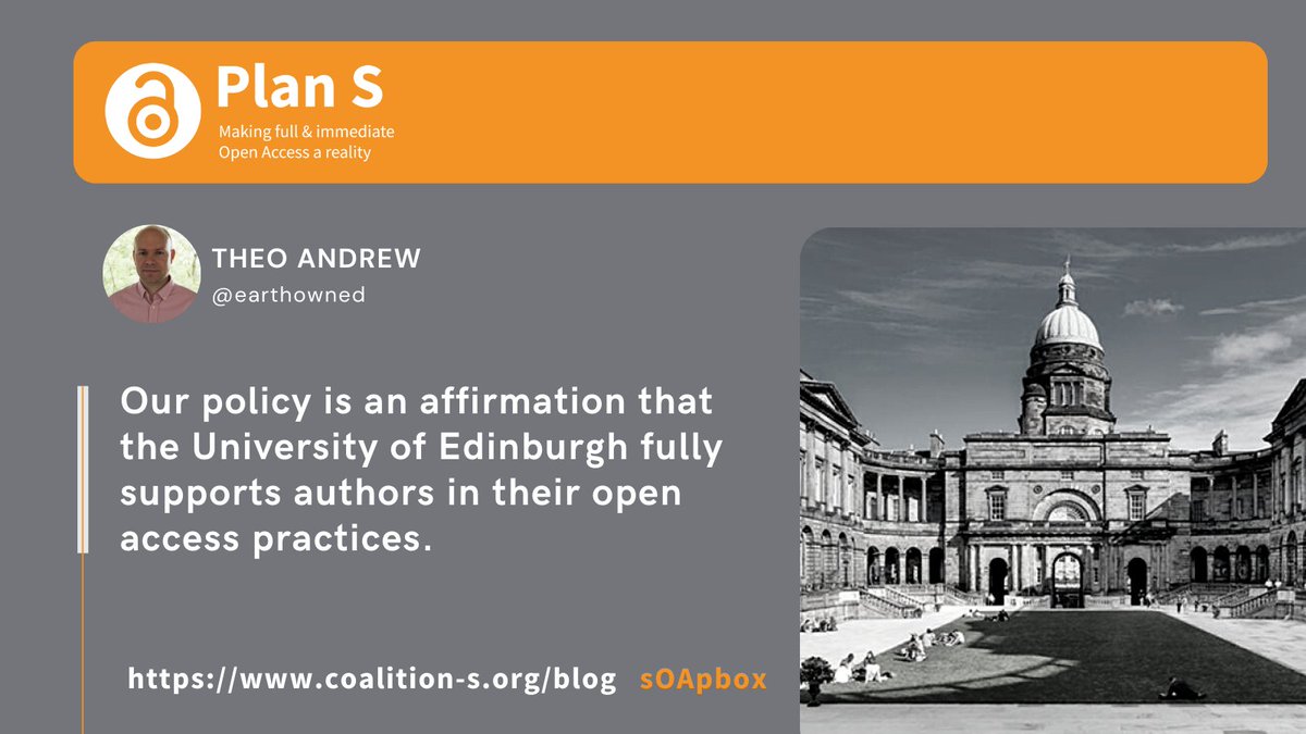 What can we learn from @EdinburghUni and its Research Publications & #Copyright policy? 
Theo Andrew, Scholarly Comms Manager, explains why & how this policy was developed and shares his tips for other institutions. 
✍️coalition-s.org/blog/universit… 
#RetainYourRights #PublishWithPower