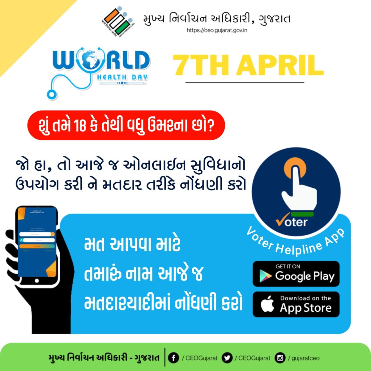 ElectionAmreli's tweet photo. #CEOGujarat #GujaratElection #ECI #Voter #App #GoVote #GoRegistration #Gujarat #ElectionDepartment #WorldHealthDay2022 https://t.co/HpaBpvAmKQ