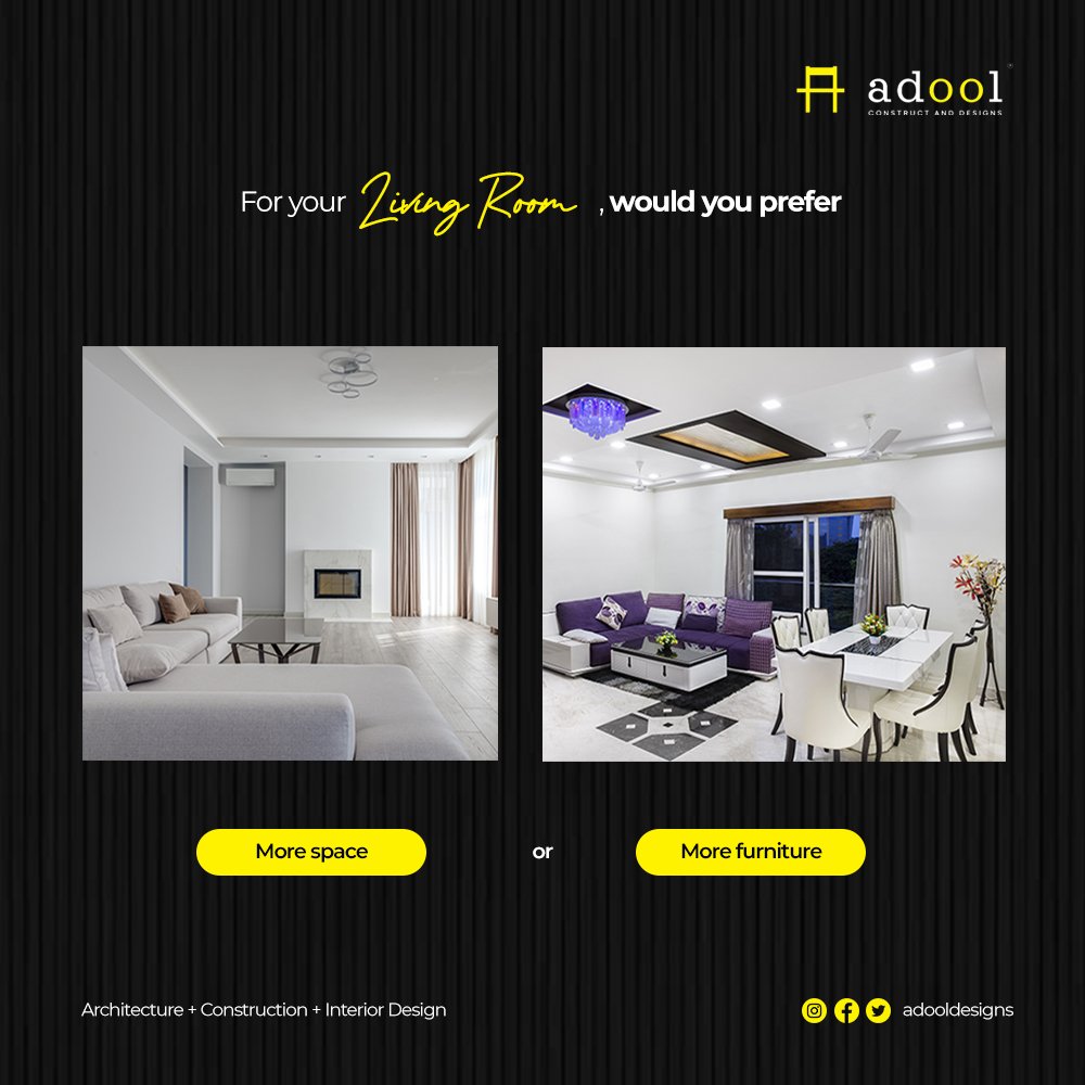 AdoolDesigns's tweet photo. More space OR more Furniture? What’s your living room taste? 🤔
Let us know in the comment section 😎
#adooldesigns #furnituredesign #furniture #construction #Building #interiordecor https://t.co/Pk3jEerPh1