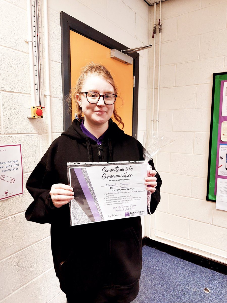 LBurrows15's tweet photo. Another shout out to one of our fantastic, dedicated teachers. Congratulations to Miss Dornan @Dovecotprimary for receiving our commitment to communication award. It has been lovely working with you. #LBawards #commitmenttocommunication #youvebeenspotted with @LanguageBoxSLT https://t.co/O9O5Zi0MMc