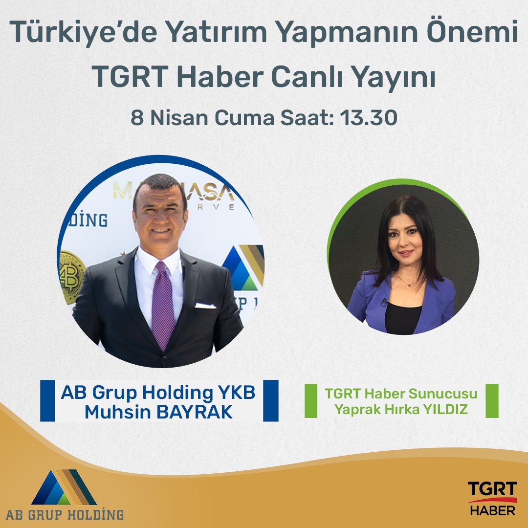 AB Grup Holding YKB Muhsin Bayrak, 8 Nisan Cuma günü saat 13.30'da <a href="/tgrthabertv/">TGRT HABER</a> 'de <a href="/yaprakhirka/">Yaprak HIRKA YILDIZ</a> 'nın canlı yayın konuğu oluyor.

AB Grup Holding'in projelerinden bahsedileceği canlı yayını yarın 13.30'da TGRT Haber ekranlarında izleyebilirsiniz. Şimdiden iyi seyirler dileriz.