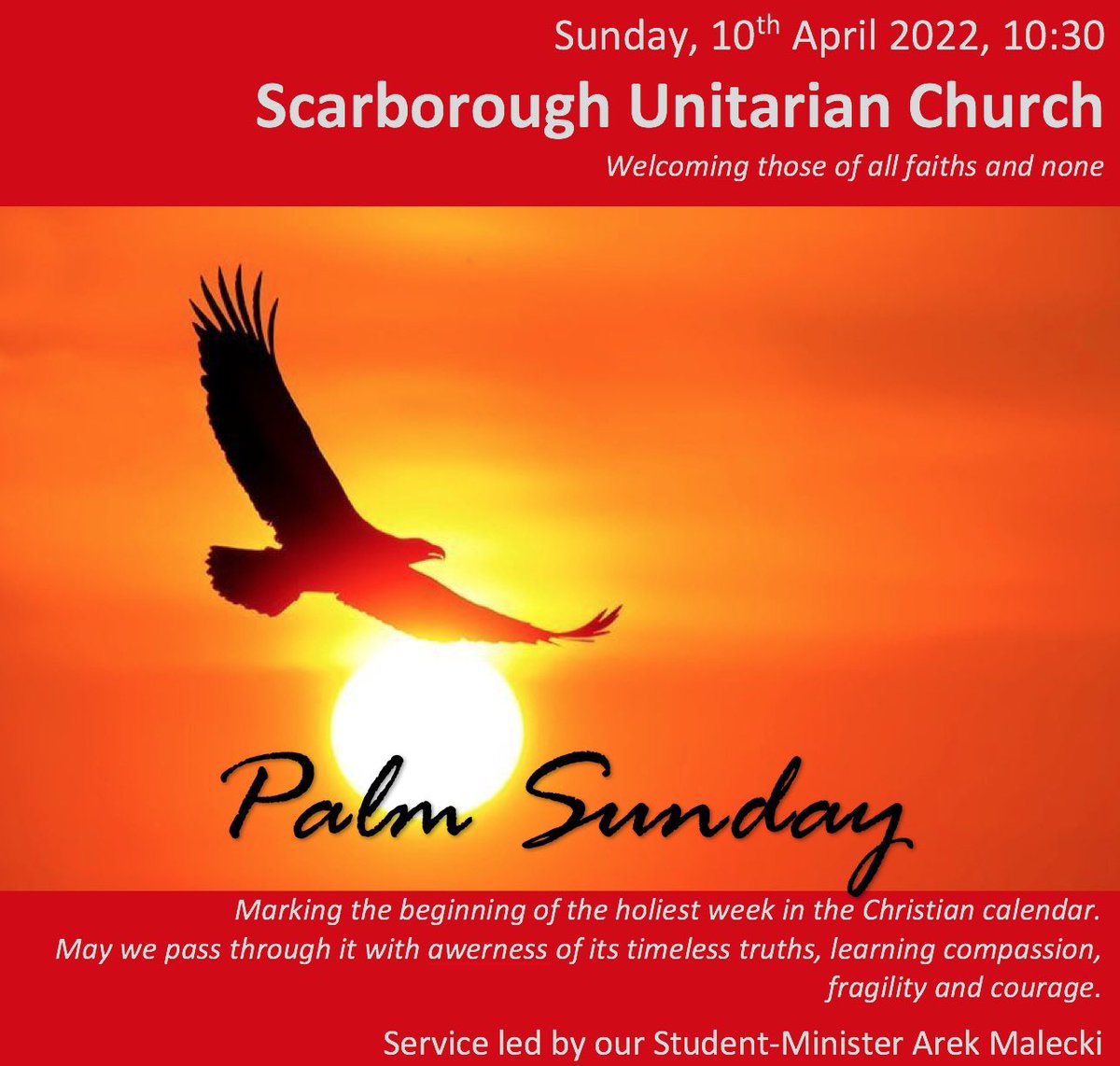 ScarbUnitarians's tweet photo. This Sunday we’ll mark the beginning of the holiest week in the X-tian calendar as we reflect on the timeless truths of the great drama of the final week before Easter:
From raised hopes to disillusions,
Dragged through hell to raise again.
Learning compassion, fragility &amp;courage https://t.co/SG7TDKrUgC