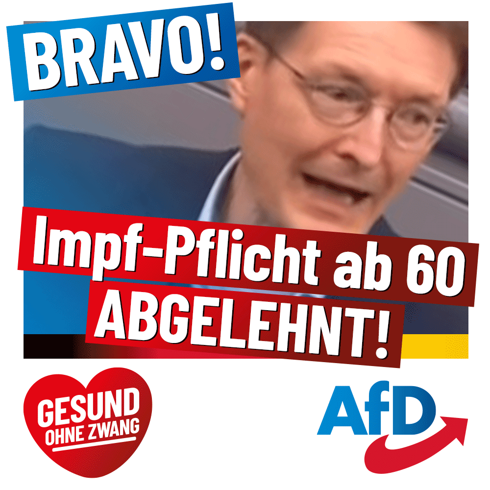 Die Ampel wollte bei der Reihenfolge der Abstimmung zur Impfpflicht tricksen ... und hat die Abstimmung verloren! Dank der Stimmen der #AfD!
Ich bin stolz auf unsere Truppe! #AfDwirkt

Lauterbach hat seine Impfpflichtabstimmung verloren! #GesetzDerSchande  facebook.com/JoergSchneider…