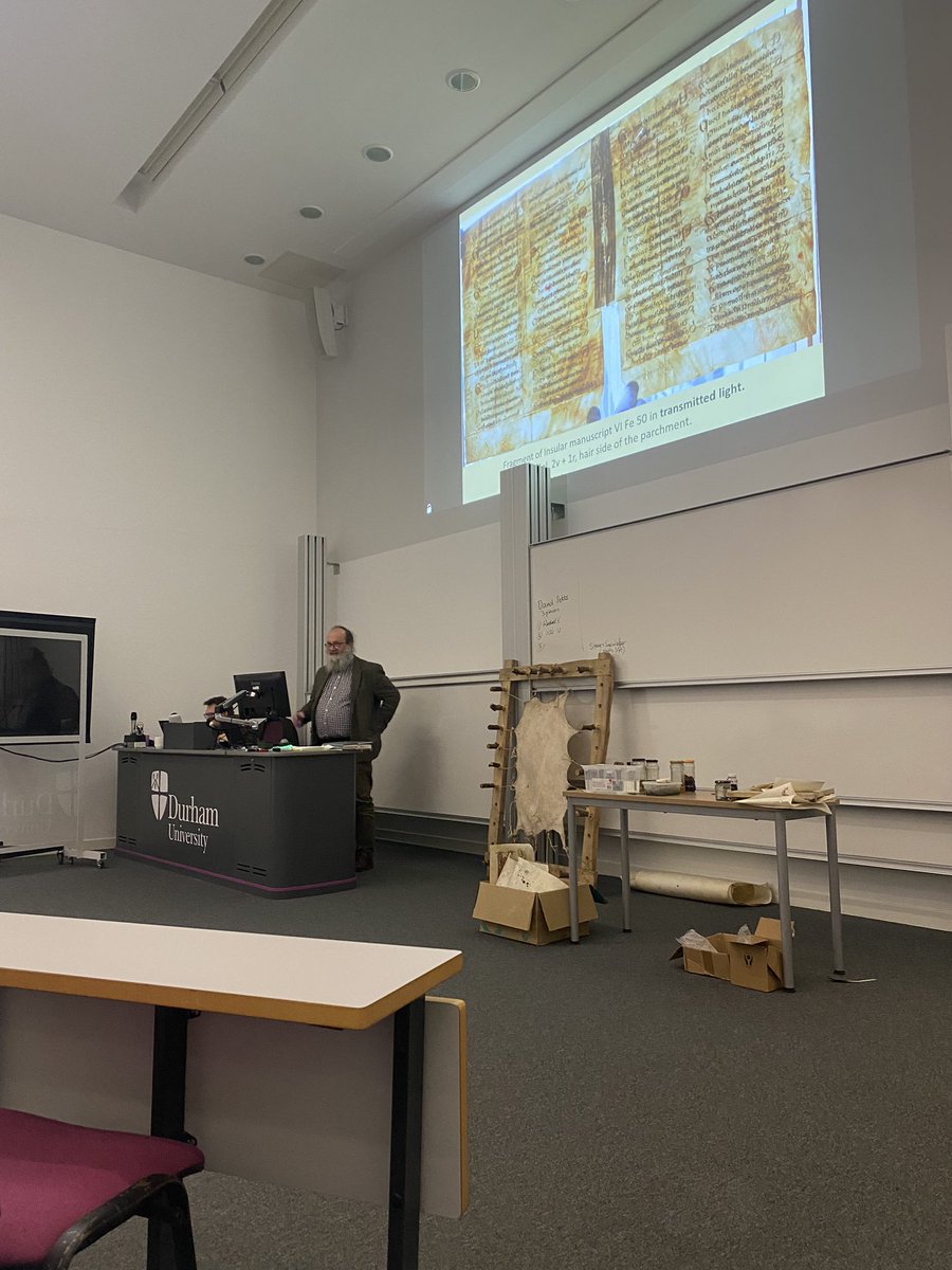 HLStn's tweet photo. I always love hearing Jiลรญ Vnouฤek speak about manuscripts. You learn not only about detailed codicology but also a return of the animal to the skin and pages that make up the book. Seeing a perimortem bruise appear beneath medieval text is fascinating as always! #iiac9 https://t.co/q3KSmnm0YD