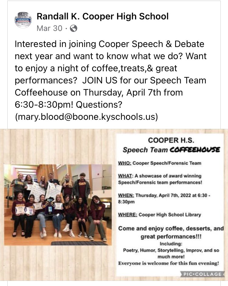 cooperforensics's tweet image. The RCHS Speech team Coffeehouse has been moved to Tuesday, May 3.  We apologize for having to reschedule.  Hope to see you May 3!