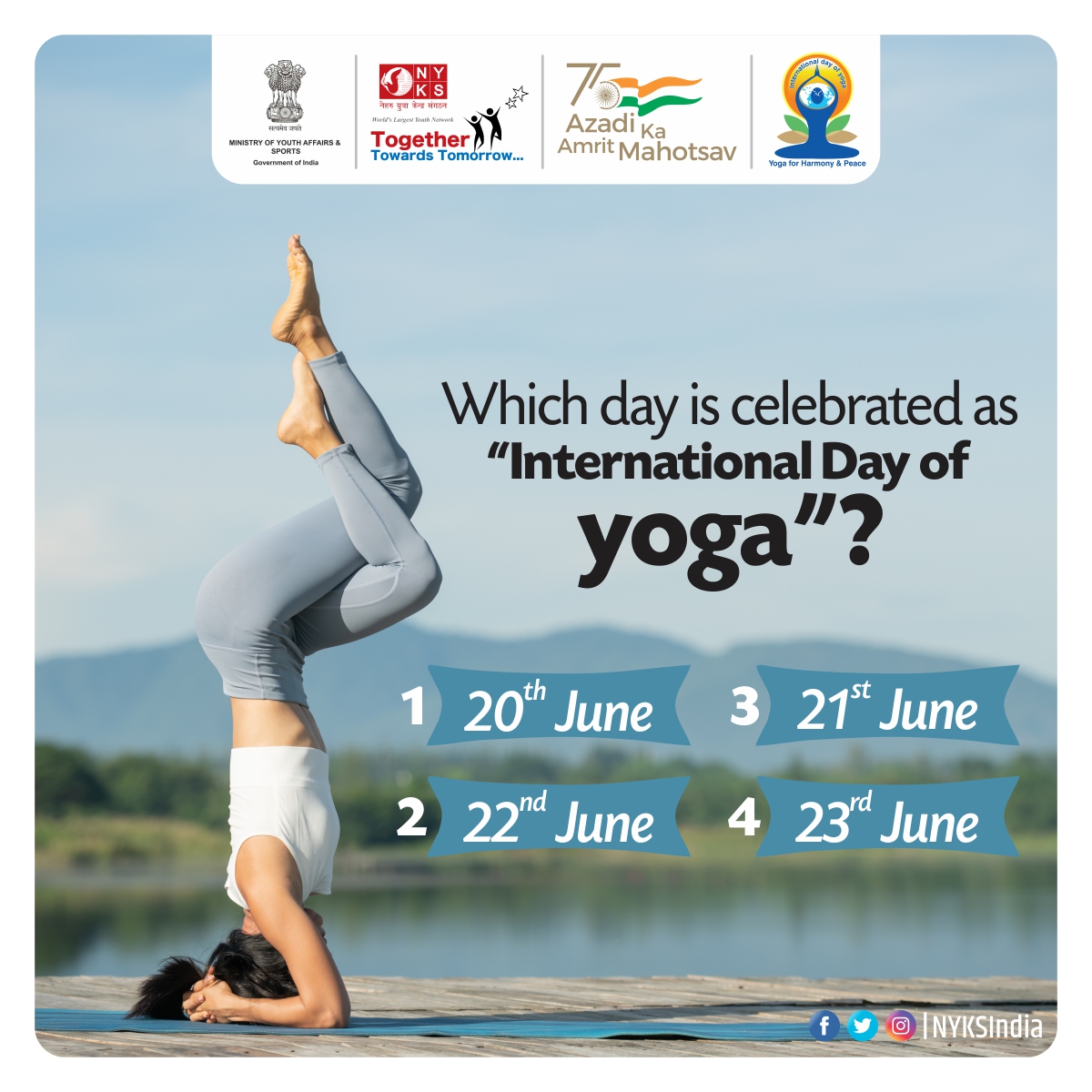 Yoga brings freedom from fear. When is the 'International Day of Yoga' observed?

#YogaForLife #YogaDay #IYD2022 #Fitness #Trending #Quiz #QuestionOfTheDay #YogaMahotsav