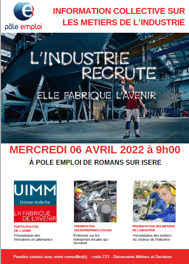 DuchampMichel1's tweet photo. ▶️#AvecPoleEmploi Romans
👉Information collective des métiers de l'industrie
Découverte des métiers et des différents secteurs
#TousMobilsés l'industrie 1 secteur en tension qui recrute ❗️❗️Visite d'entreprise vendredi 08/04 à suivre
@UIMM26_07 @poleemploi_ara @pole_emploi2607 https://t.co/vybN4DGDNi