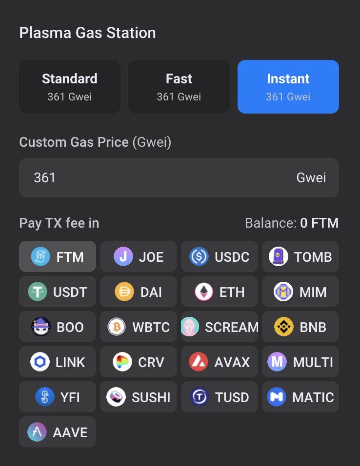 0xPlasma's tweet photo. Hey, @michaelfkong &amp; @theotherpomp. New killer feature for @FantomFDN 🔥
Swap on #HyperDEX and pay a gas fee in any token (instead of $FTM):
@traderjoe_xyz $JOE @circlepay $USDC @tombfinance $TOMB @spookyswap $BOO @screamdotsh @iearnfinance @SushiSwap @AaveAave @MIM_Spell https://t.co/28wN7vfb9N