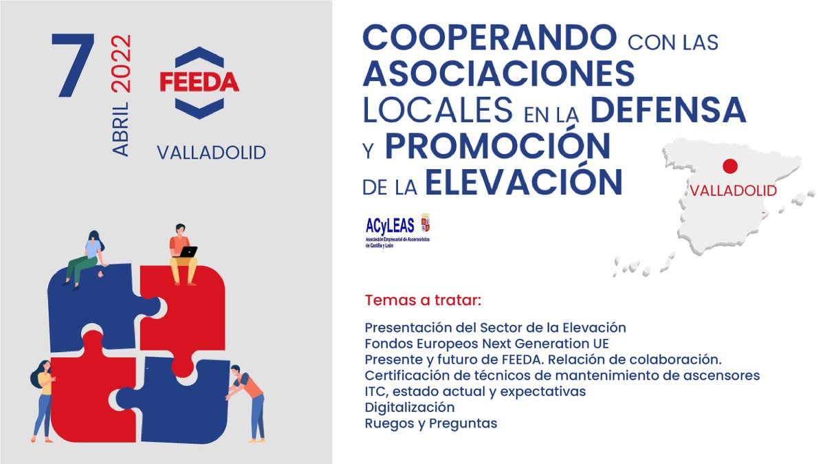 FEEDAAscensores's tweet photo. Hoy @FEEDAAscensores se traslada a Valladolid para celebrar con #ACyLEAS una jornada más con las Asociaciones locales para tratar los temas más actuales de su ámbito geográfico 👨🔧🛗👇 https://t.co/YhhMtHNZbM