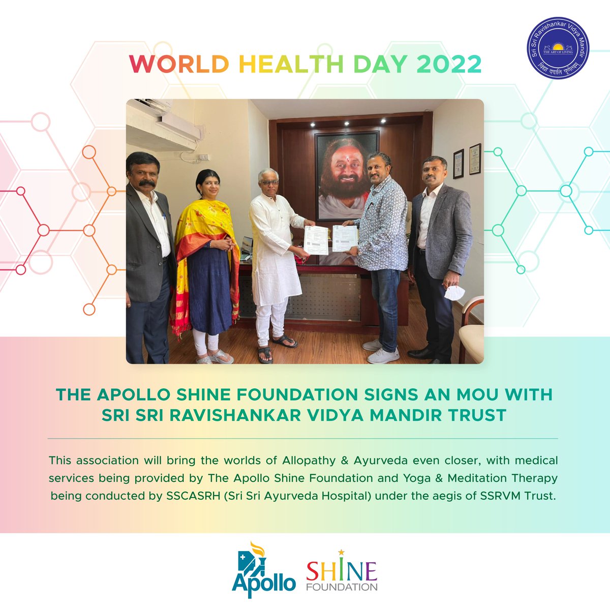 This World Health Day, we are glad to share that The Apollo Shine Foundation @ShineForHealth and SSRVM Trust have signed an MoU for ensuring mental and physical well-being of people. (1/2)

#WorldHealthDay2022 #worldhealthdaywithyoga #healthcare #HealthIsWealth #healthylifestyle