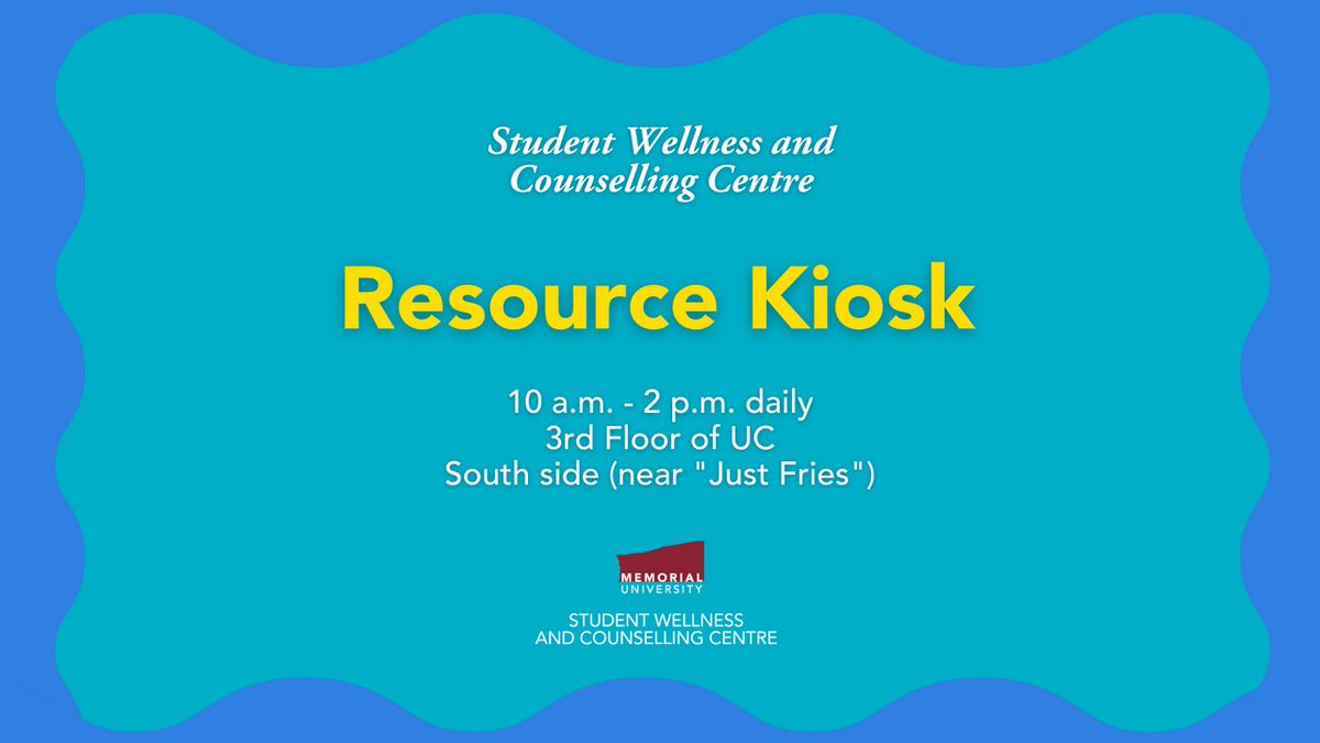 Stop by the Wellness Resource Kiosk hosted by the Student Wellness and Counselling Center each day on the South Side of the 3rd floor of the UC near "Just Fries". Mental health and well-being resources and free swag will be handed out daily!