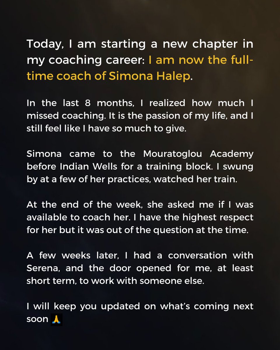pmouratoglou's tweet image. I am now the full-time coach of @Simona_Halep.