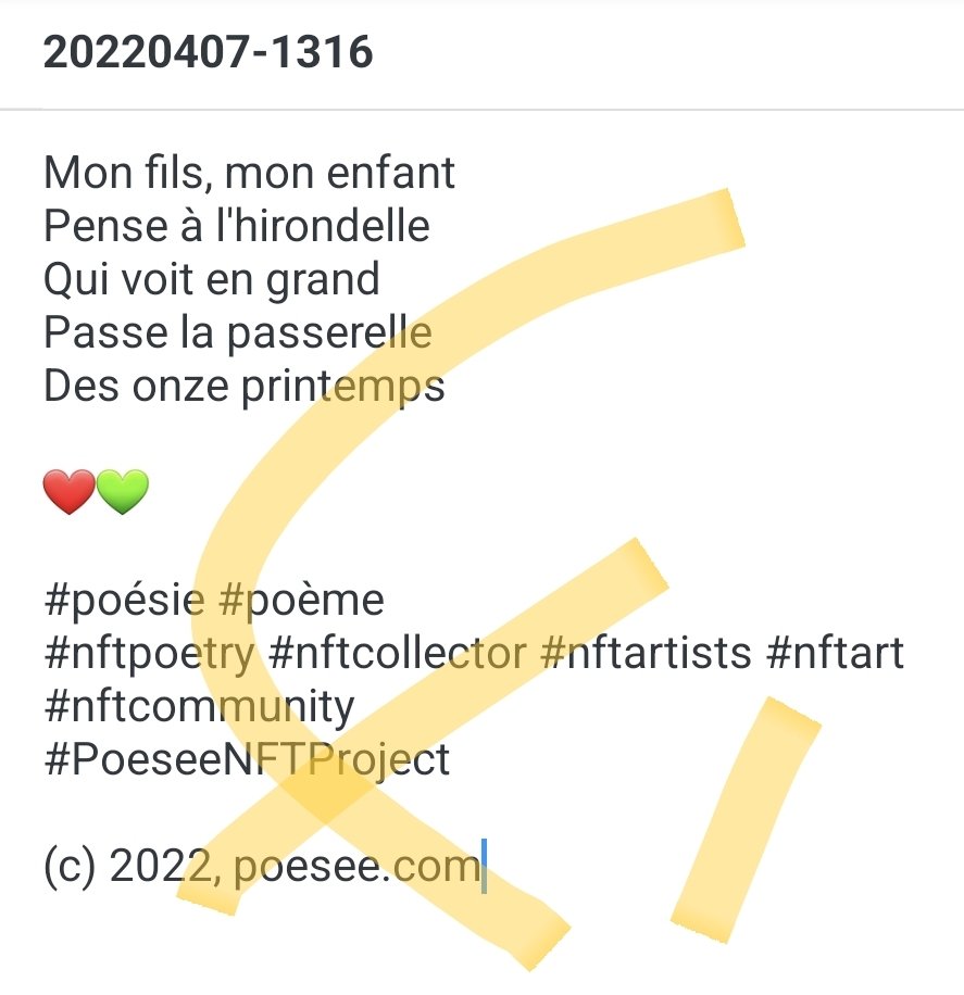 poesee's tweet photo. Mon fils, mon enfant
Pense à l'hirondelle
Qui voit en grand
Passe la passerelle
Des onze printemps
❤️💚
#poésie #poème
#nftpoetry #nftcollector #nftartists #nftart #nftcommunity
#PoeseeNFTProject https://t.co/zQs8d84e70