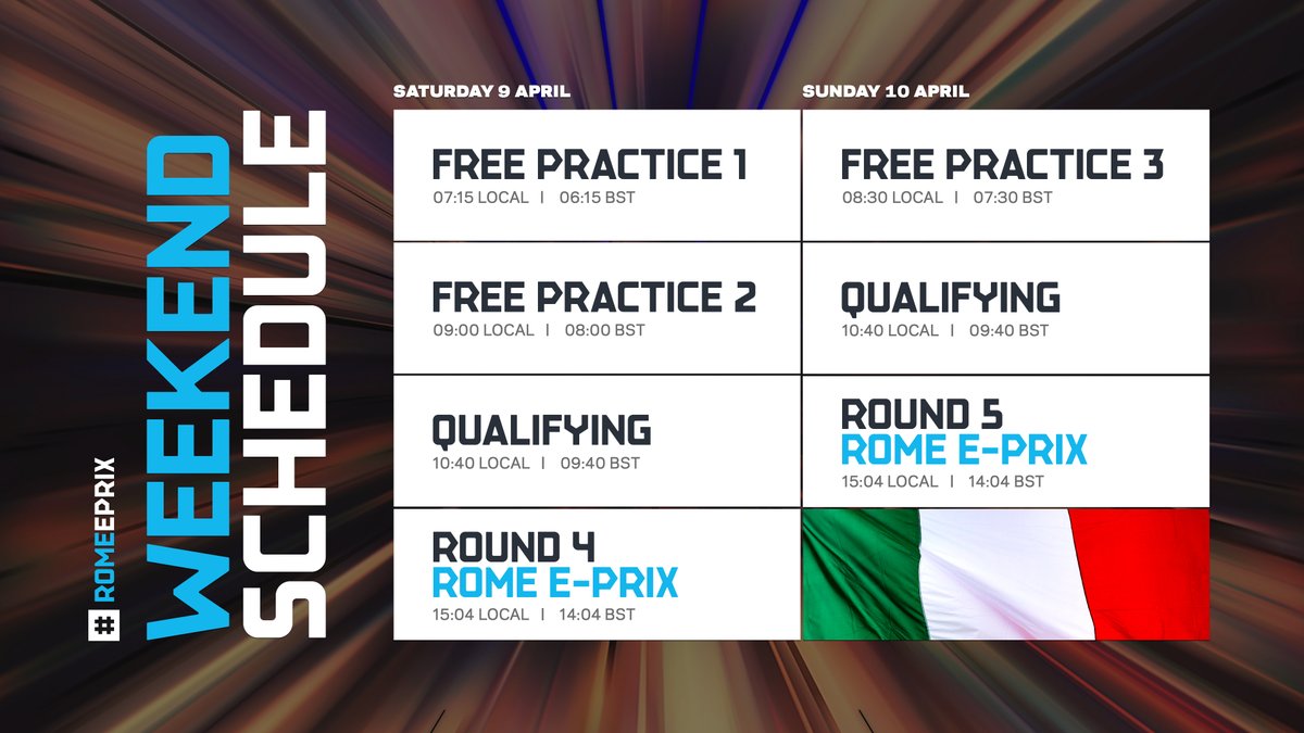 Get ready for a weekend in Rome 😍

Rounds 4 and 5 take place this weekend around the streets of the Eternal City. Make sure you're ready! 

Find out how to watch LIVE where you are 🌍👉 bit.ly/HowToWatchFE

🇮🇹 2022 #RomeEPrix