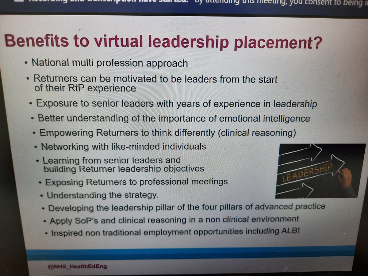 AHPsEverywhere's tweet photo. Inspiring to hear about the benefits of virtual leadership placements for returners to practice - such food for thought! 
@NHS_HealthEdEng @PaulChapman09 @NatMatchOT @NatashaPisarski 
#IAmReadyToReturn https://t.co/m1lad0EPNn