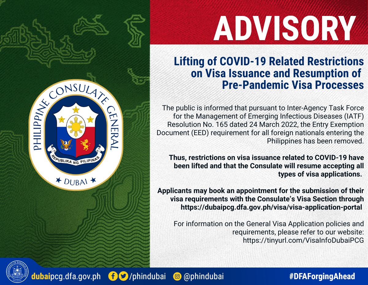 PHinDubai's tweet photo. ‼️ ADVISORY ‼️
The public is informed that the Entry Exemption Document requirement for all foreign nationals entering the Philippines has been removed. Please click on the link for more details: https://t.co/lFnxMIk8dh https://t.co/RPVunGa8vQ