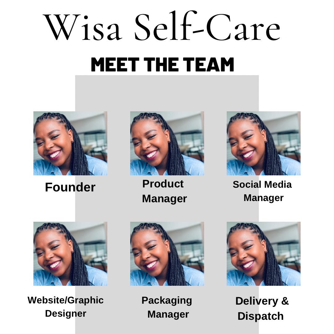 ntsako_mhlanga's tweet photo. Meet the dedicated team at Wisa Self-Care! They ensure the success of the brand on a daily basis 🤍😃 

#SmallBusinessTeam #OneManShow #WisaSelfCare 

SHOP NOW: https://t.co/ORjDCN7Pbp https://t.co/AjhoZCnNg8