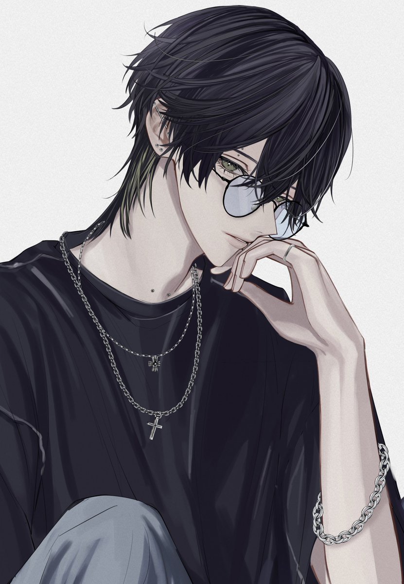 1boy jewelry male focus solo necklace black hair glasses  illustration images