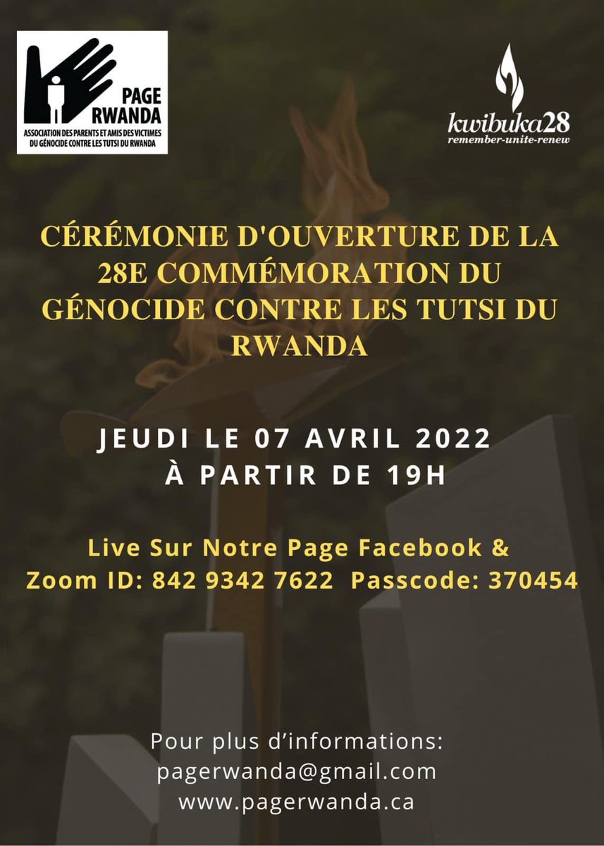 🕯 À Montréal aujourd’hui le 7 avril, 19h 🕯

#Kwibuka28
<a href="/PageRwanda/">PAGE Rwanda </a> <a href="/rca_mtl/">RCA Montréal</a> <a href="/RwandainCanada/">Rwanda in Canada</a>
