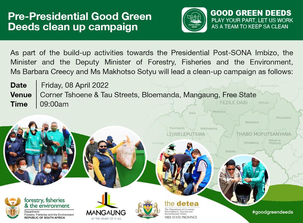 Tomorrow, Minister <a href="/BarbaraCreecy_/">Minister of Environment, Forestry & Fisheries 🇿🇦</a> and Deputy Minister Hon Makhotso Sotyu will lead a #GoodGreenDeeds cleanup campaign in <a href="/Mangaung_Metro/">Mangaung_Metro</a> as a continuation of the #PresidentialImbizo buildup activities. Read more here: bit.ly/3uhTjid