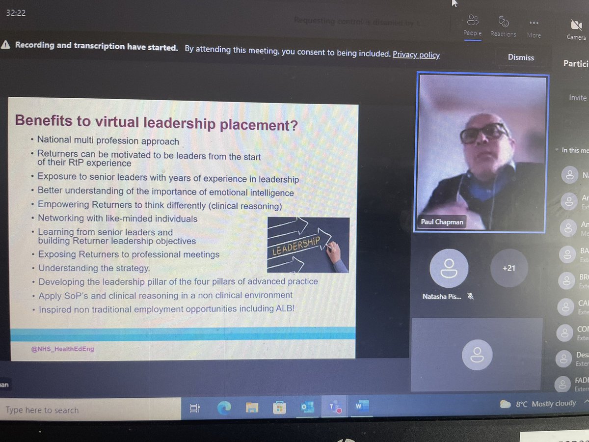 BFGCNatMatchett's tweet photo. Discussing benefits &amp;impact of need for diverse &amp;leadership placements - presenting design of our 1stHEE RtP virtual peer leadership placement -need wf with leadership skills who can influence, empower,negotiate, system redesign, all Tx skills &amp;not all Returners return clinical! https://t.co/fxJaaVaUSs
