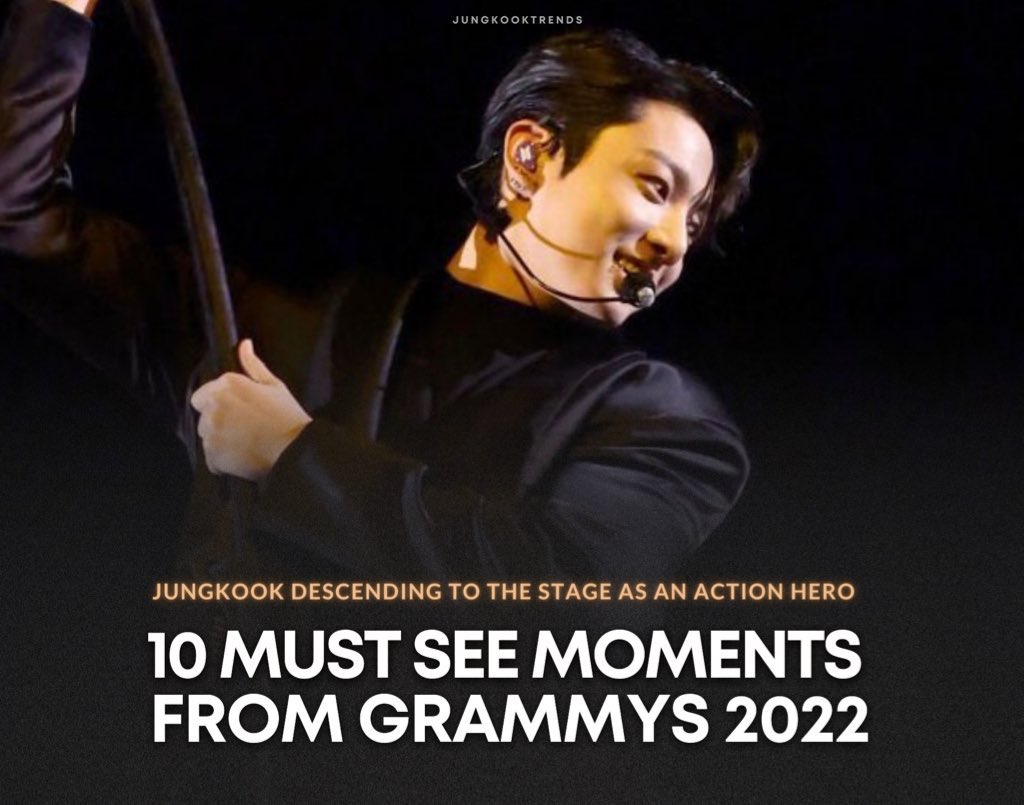 jungkooktrends's tweet photo. ‘Jungkook descending to the stage like an action hero’ is highlighted as the ‘10 must see moments from Grammys 2022’ by Grammy Awards. https://t.co/cuxujFY33Z