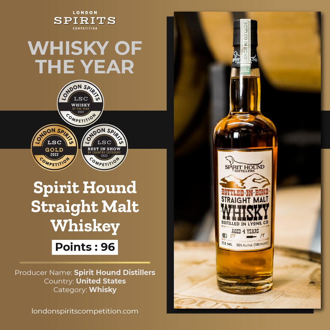 🔥🥃 2022 Whisky Of The Year - Spirit Hound Straight Malt Whiskey from Spirit Hound Distillers.
Massive Congratulations on this gorgeous win!
#Whisky  #londoncompetitions #WinnersWednesday 
@LondoncompsE @london_drinks @TheBuyer11 @Top100LSC