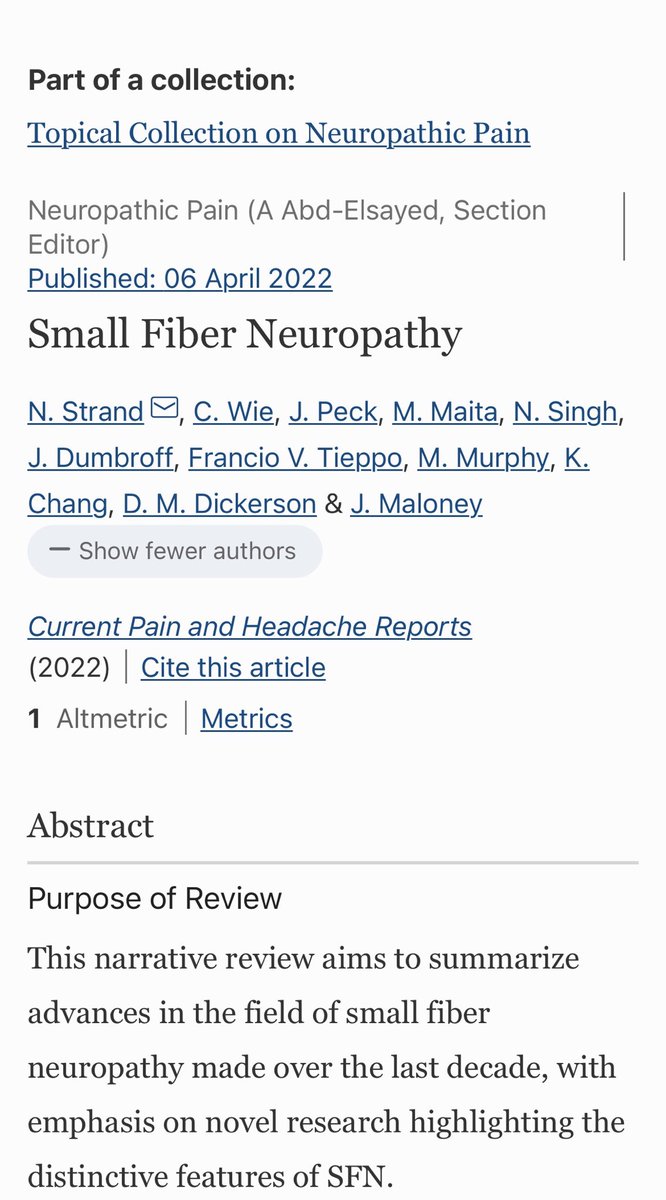 Great team work with this nice review on small fiber neuropathy led by <a href="/DrNatStrand/">Dr. Natalie Strand</a> from <a href="/MayoAnesthesia/">Mayo Clinic Department of Anesthesiology</a> <a href="/ASPN_PainNeuro/">ASPN</a> and <a href="/MichealMurphyMD/">Micheal Murphy, MD</a> <a href="/VinnyFrancioMD/">Vinny Francio, MD</a> <a href="/KU_PMR/">KU PM&R</a> #PainMedicine #NeuropathicPain Link here➡️ link.springer.com/article/10.100… ⬅️