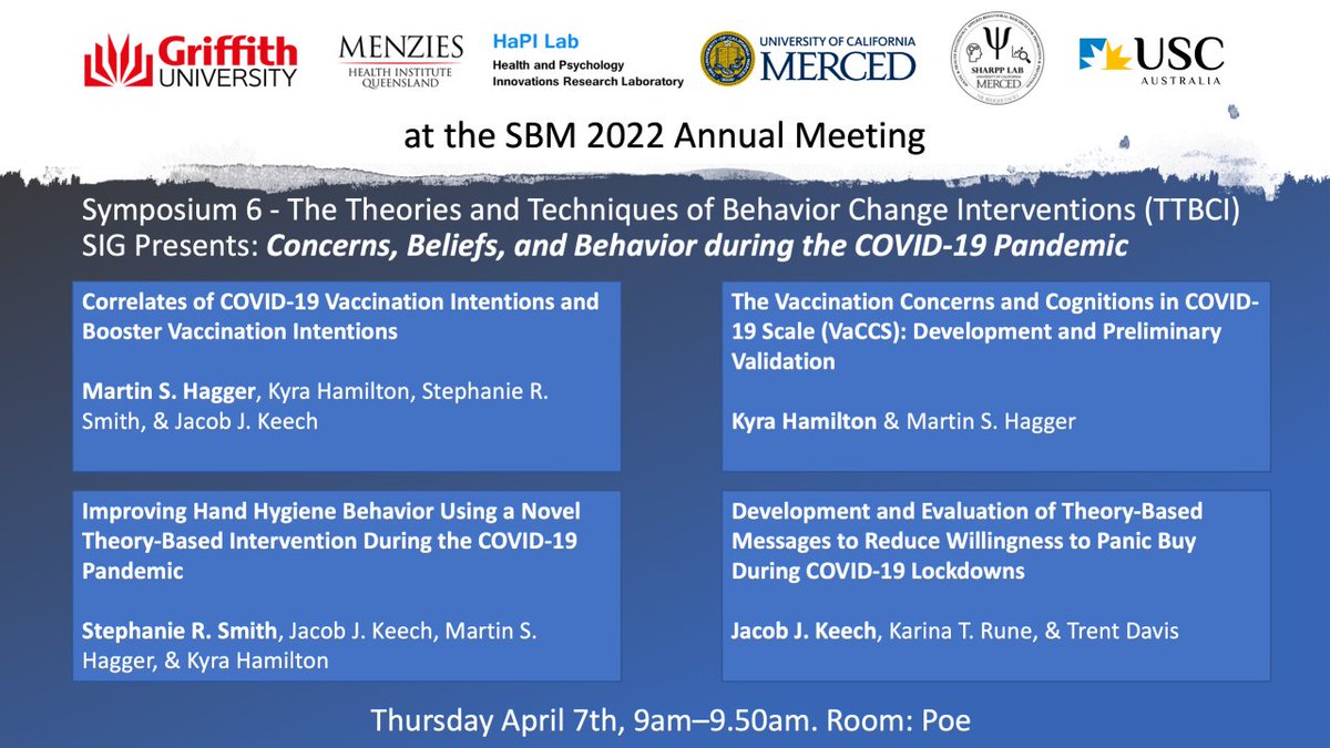 Join us for our #SBM2022 symposium on concerns, beliefs, & behavior during the COVID-19 pandemic feat. an exceptional international line up of speakers @DrKyraHamilton @StephR_Smith @jacobjkeech @SHARPP_lab @hapiresearch TODAY 9am room: Poe