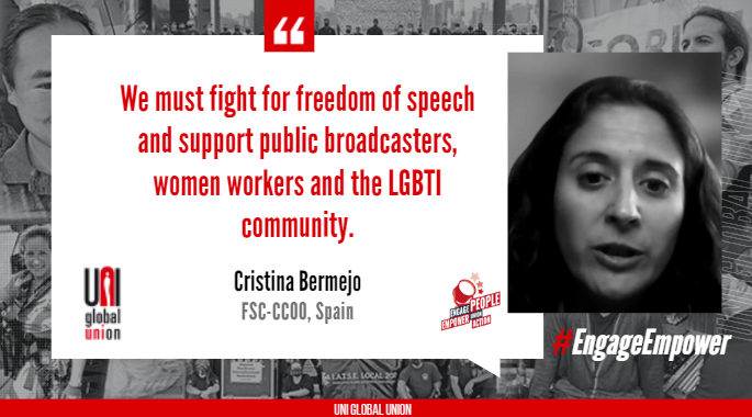 uniglobalunion's tweet photo. "Our privacy is being violated - on digital platforms and in broadcasting," says Cristina Bermejo from @FSCdeCCOO as she kicks off the discussion on freedom from fear in the creative industries.

#EngageEmpower https://t.co/esigEETuvE
