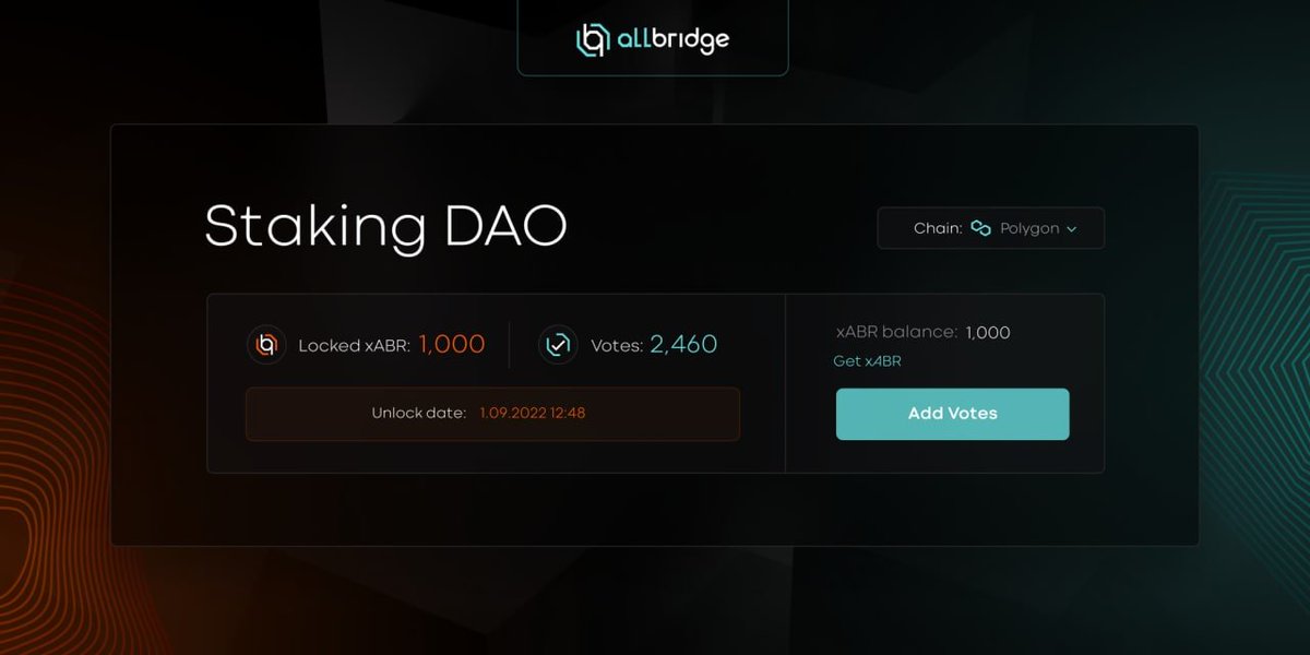 Allbridge_io's tweet image. 😎 We've just updated our GitBook page with details about Staking #DAO. 

🗳 It covers the way one can vote on the proposal and the upcoming changes to #Allbridge Staking. 
 
📄 More on Staking DAO: bit.ly/3JijHg0