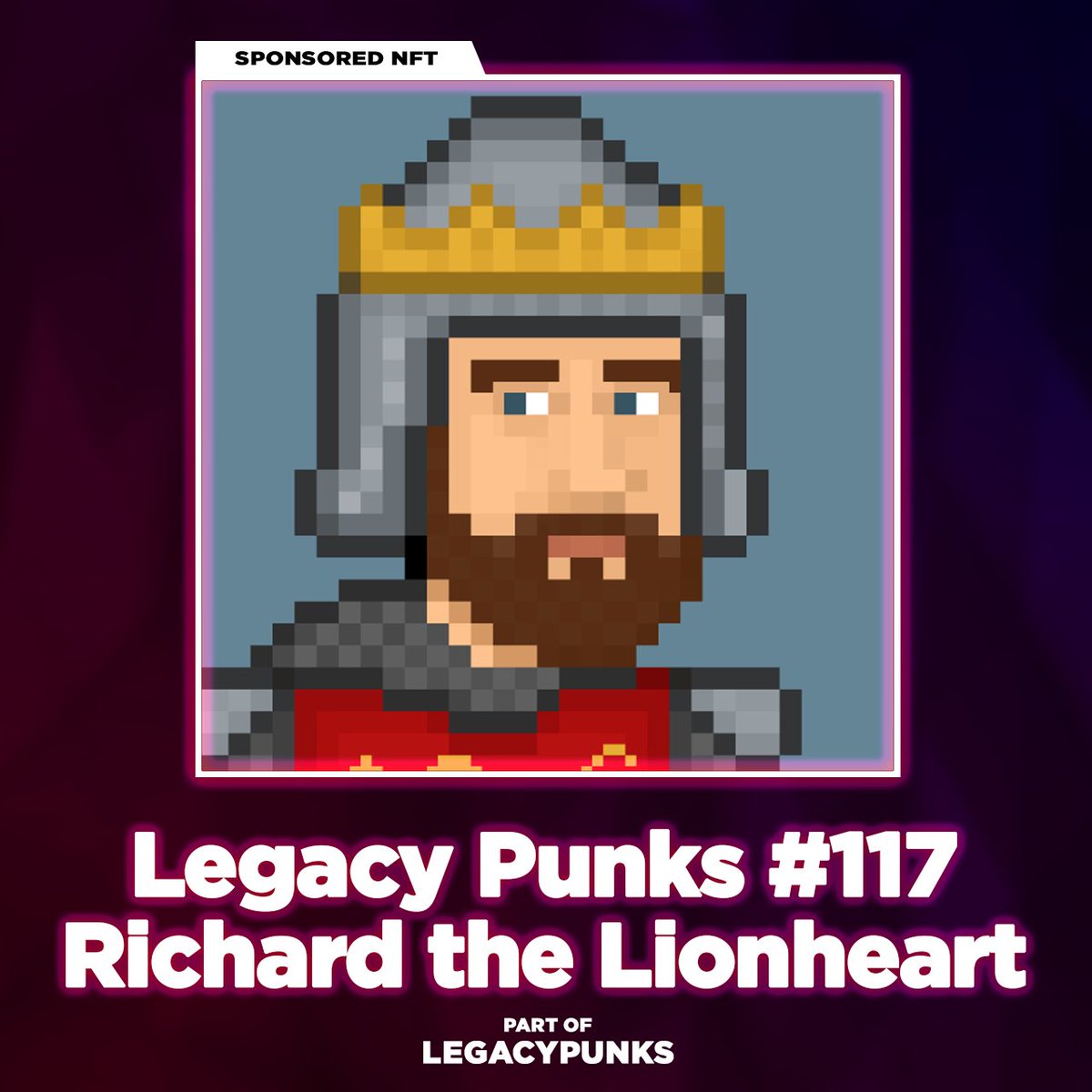 TokenHunt's tweet image. Give way for the Knight in Shining Armour! 🗡

Our Sponsored #NFT for the day, the LegacyPunk #117 Richard the Lionheart by @LegacyPunks is one dashing knight! 🛡️

FUN FACT: Lionheart was a great military leader and warrior and was hailed King of England from 1189 to 1199 AD 💡