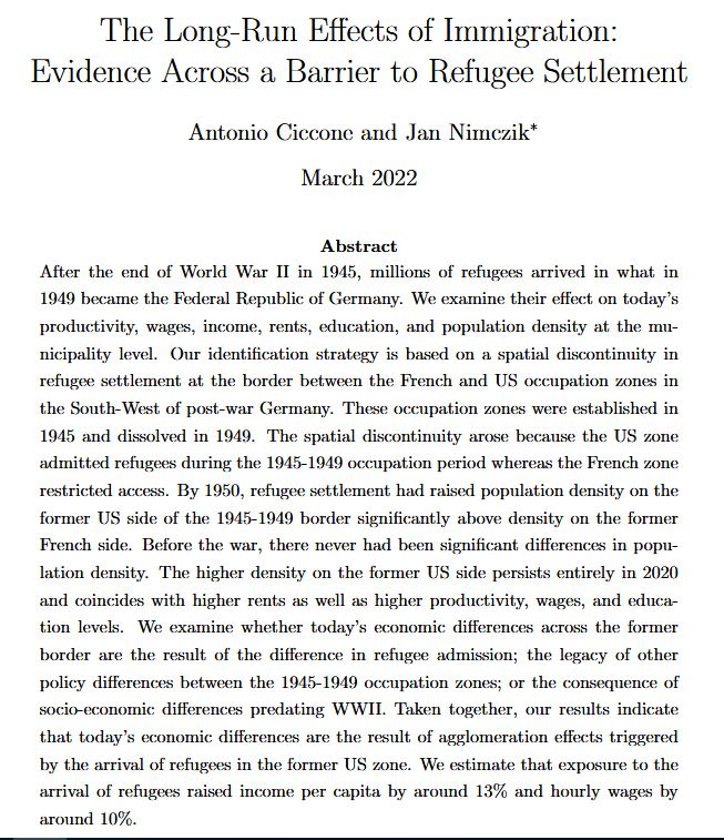 CRC TR 224 EPoS Bonn-Mannheim (@epos224) on Twitter photo "The Long-Run Effects of Immigration: Evidence Across a Barrier to Refugee Settlement" - a study by <a href="/EPoS224/">CRC TR 224 EPoS Bonn-Mannheim</a> researcher Antonio Ciccone (University of Mannheim) and Jan Nimczik (ESMT Berlin, IZA) is now available: crctr224.de/en/research-ou… (1/2) "The Long-Run Effects of Immigration: Evidence Across a Barrier to Refugee Settlement" - a study by <a href="/EPoS224/">CRC TR 224 EPoS Bonn-Mannheim</a> researcher Antonio Ciccone (University of Mannheim) and Jan Nimczik (ESMT Berlin, IZA) is now available: crctr224.de/en/research-ou… (1/2)