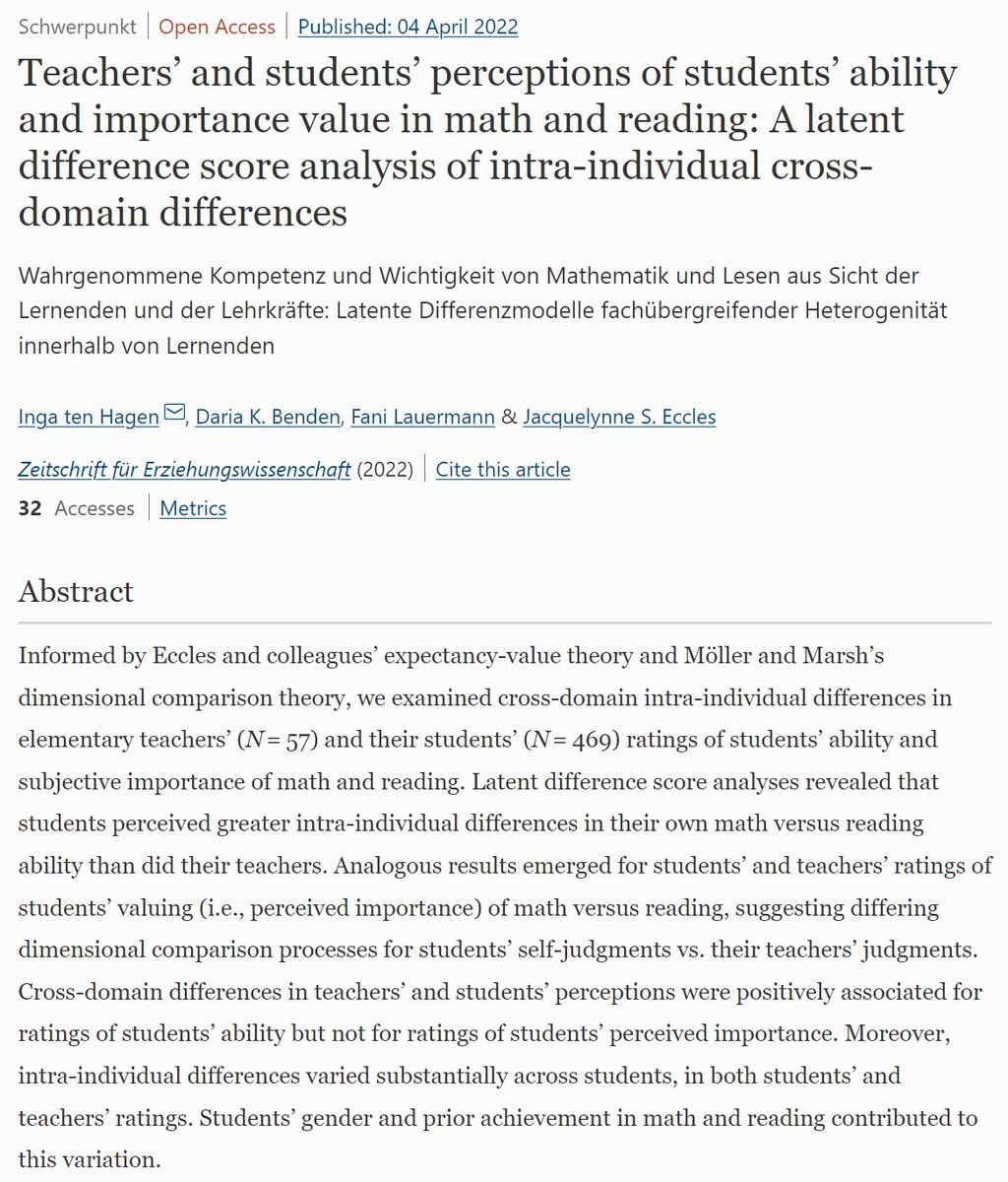 New paper on teachers' and students' perceptions of students' ability and task values in math and reading. It features the work of two of my talented graduate students (Inga ten Hagen, Daria Benden), in collaboration with Jacque Eccles: link.springer.com/article/10.100…