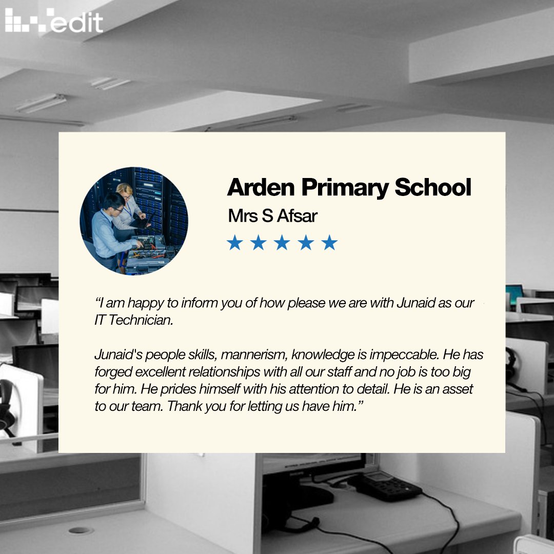 Edit_ltd's tweet image. It&apos;s always great to receive such amazing feedback from our clients! 

Thank you Mrs Afsar for your kind words! 

#Technician #ManagedSupport #TechnicianSupport
