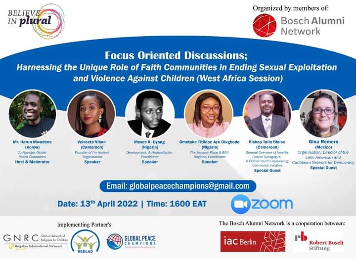 globalpeacecha3's tweet image. 🗣️ On 13 April 2022, we will be hosting a panel discussions on Harnessing the Unique Role of Faith Communities in Ending Sexual Exploitation &amp;amp;  Violence Against Children, collaboratively with #BoschAlumniNetwork members, #Redland &amp;amp; @ArigatouGNRC

Link; forms.gle/48FeMLUxwsT942…