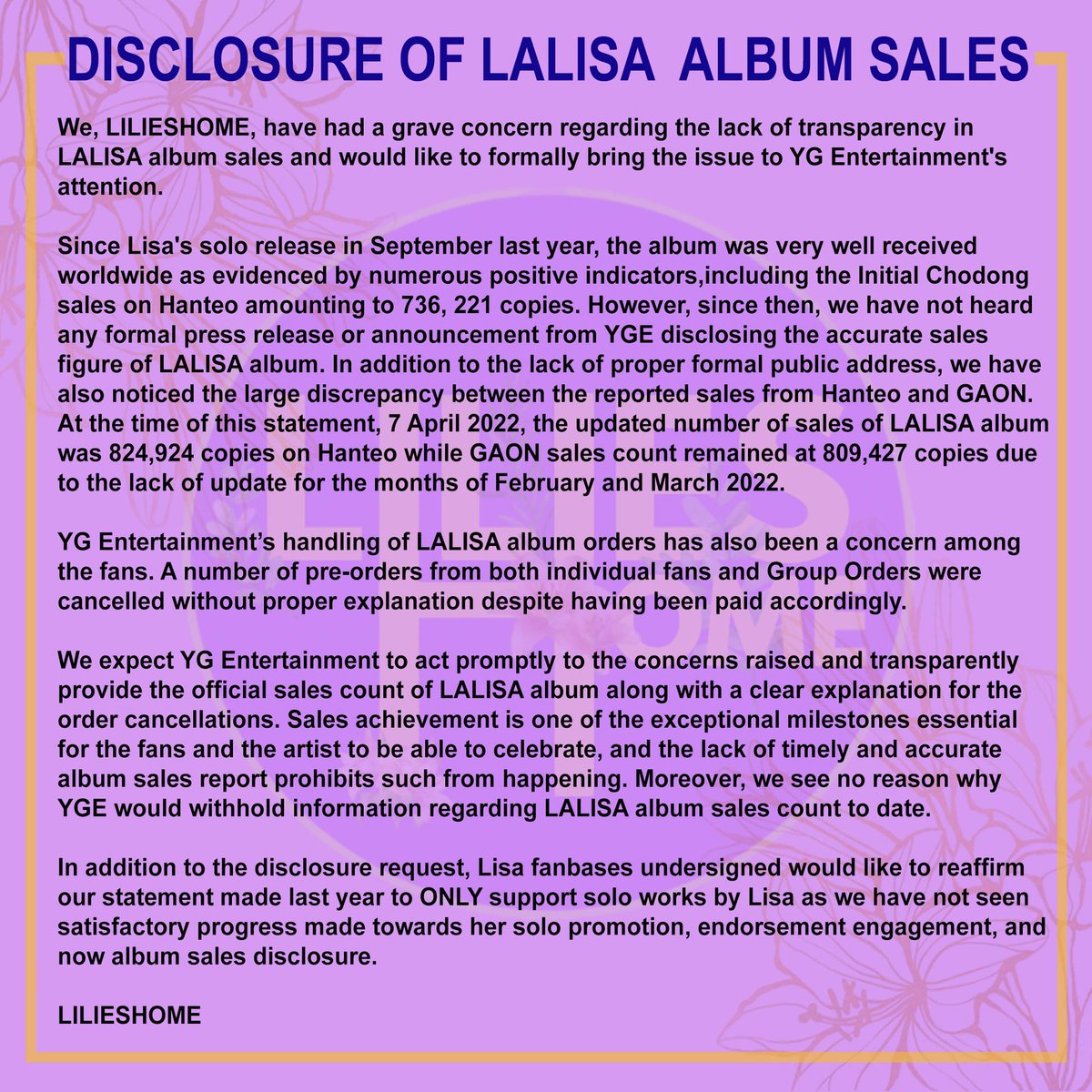 LiliesHomeC's tweet photo. DISCLOSURE OF LALISA ALBUM SALES

This is our open letter to @ygent_official on LALISA sales update. We hope to see changes being made swiftly

#LISA #LALISA #YGstopHidingLisaSales https://t.co/16B4m6rvYN