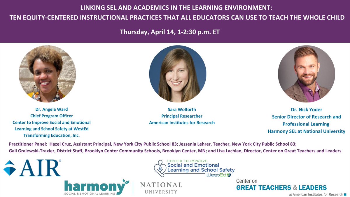 GTLCenter's tweet photo. Join @AIRInforms, @harmony_sel, #SEL Center @WestEd and local practitioners as they discuss 10 teaching practices that support #SEL for K-12 students!
#teachertwitter #ThisIsSEL #education
The webinar takes places on April 14th at 1:00pm ET:
https://t.co/LlgPkR2JVk… https://t.co/i5bl1V8ZxN