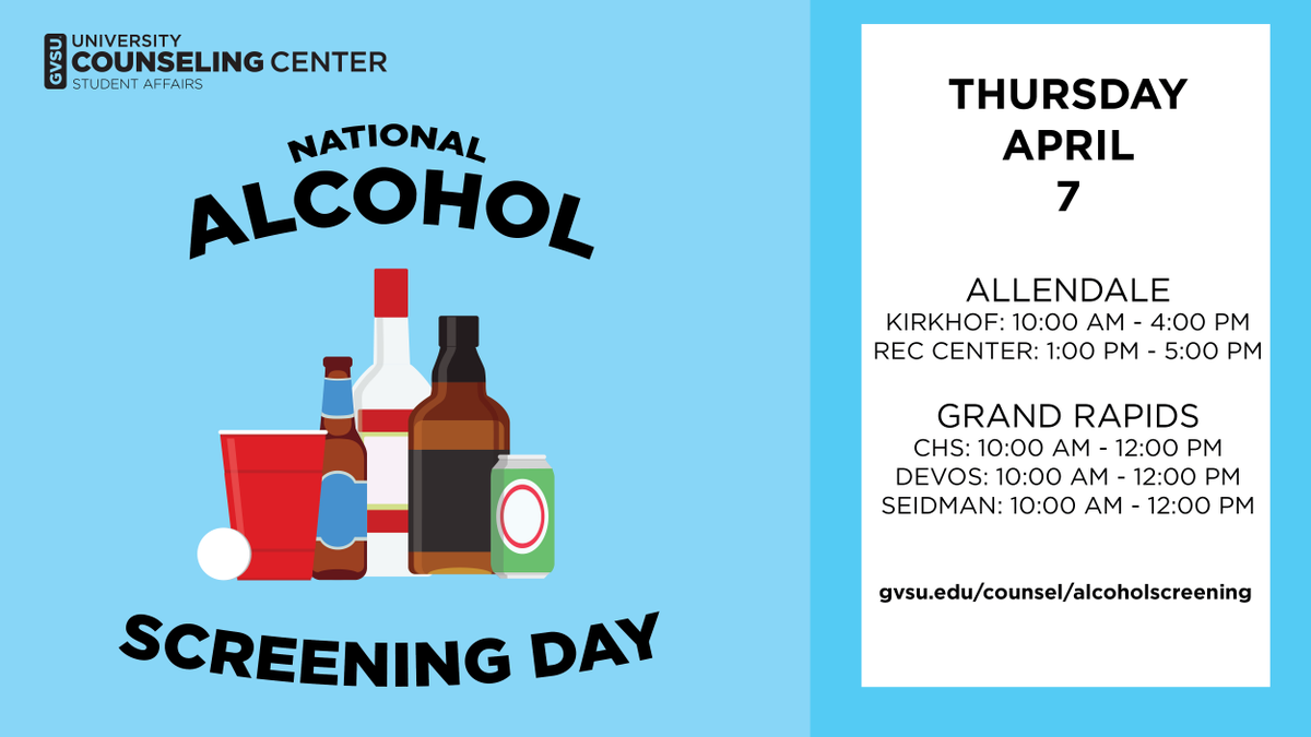 gvsuaod's tweet photo. Today is #NationalAlcoholScreeningDay and we're offering free and completely confidential alcohol use screenings to @GVSU. Stop by any of these locations to have a brief private check-in on your relationship with alcohol. ๐บ๐โ
#GVWellness #GVScreeningDay #GVPartySmart https://t.co/8dqP7S9MnM