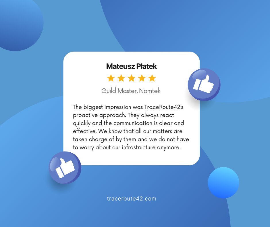 Everyone likes to be appreciated. Recently, we have been reviewed on @clutch_co by one of our clients. Mateusz Płatek from @NomtekMobile who summarized our 1,5y of ongoing cooperation with a 5 star review.

#cloud #kubernetes #clutchreview #clutch #devops #devopsondemand #tr42