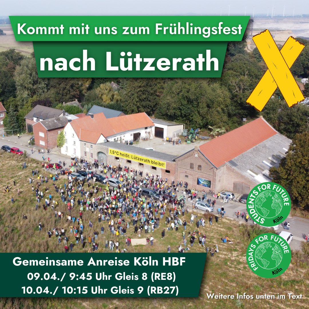FFF_Koeln's tweet photo. Fahr mit uns nach Lützerath am Wochenende 🌼🌺
Von Köln HBF
🗓Samstag 09.04. |  ⏰9:45 Uhr 
Gleis 8 🚂 (RE8)
🗓Sonntag 10.04. | ⏰10:45 Uhr 
Gleis 9 🚂 (RB27) 
Für die Anreise am Samstag mit 🌌Übernachtung: Zelt ⛺️, Schlafsack, Isomatte und warme Klamotten mitbringen.
#Lützerath https://t.co/7snhMxHbx7
