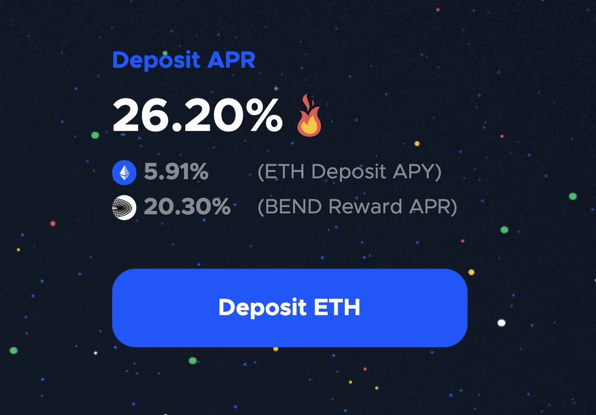 BendDAO's tweet photo. Are you finding the best yields on #ETH?
๐ Check out https://t.co/YBxTLubehW
If you deposit ETH in the Bend ETH lending pool, you will earn
1โฃ 5.91% ETH Deposit APY, and
2โฃ 20.3% $BEND Reward APR
#NFTLiquidity #Peer2Pool #LFG
#YieldFarming #DeFi $BEND $AAVE #APY https://t.co/7hCTo4RXgZ